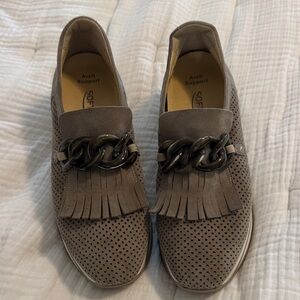 SoftWalk Taupe Suede Fringe Chain Slip-On Loafers